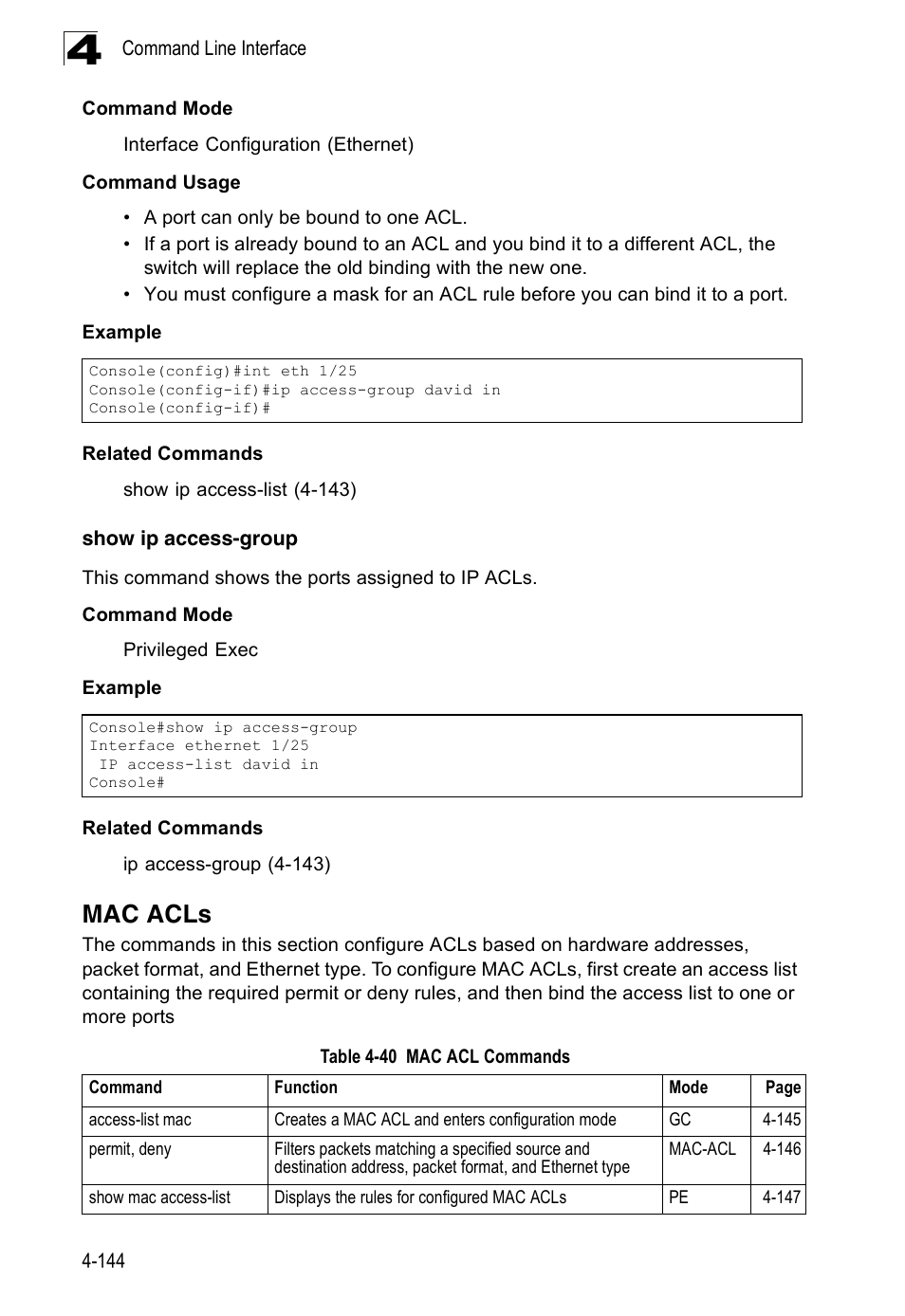 Mac acls, Show ip access-group, Table 4-40 | Mac acl commands | Accton Technology Edge-corE Fast Ethernet Switch ES3528M-SFP User Manual | Page 440 / 644