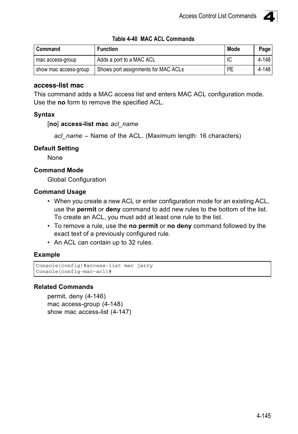 Access-list mac | Accton Technology Edge-corE Fast Ethernet Switch ES3528M-SFP User Manual | Page 441 / 644