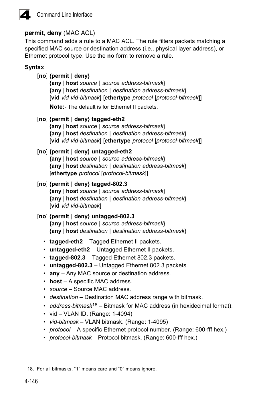 Permit, deny (mac acl), Ny (4-146) | Accton Technology Edge-corE Fast Ethernet Switch ES3528M-SFP User Manual | Page 442 / 644
