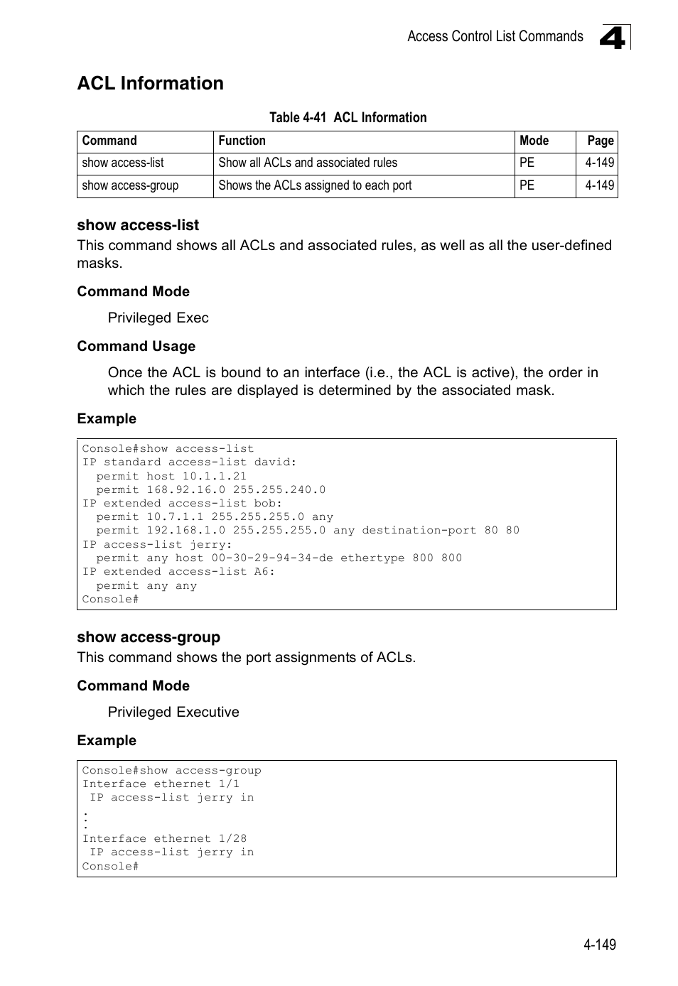 Acl information, Show access-list, Show access-group | Table 4-41 | Accton Technology Edge-corE Fast Ethernet Switch ES3528M-SFP User Manual | Page 445 / 644