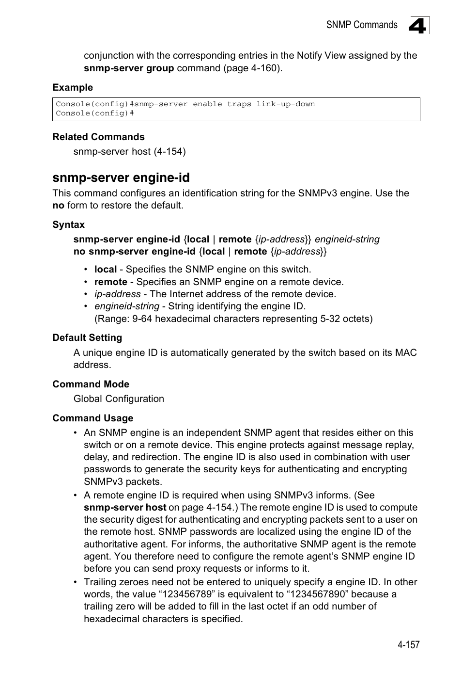 Snmp-server engine-id | Accton Technology Edge-corE Fast Ethernet Switch ES3528M-SFP User Manual | Page 453 / 644