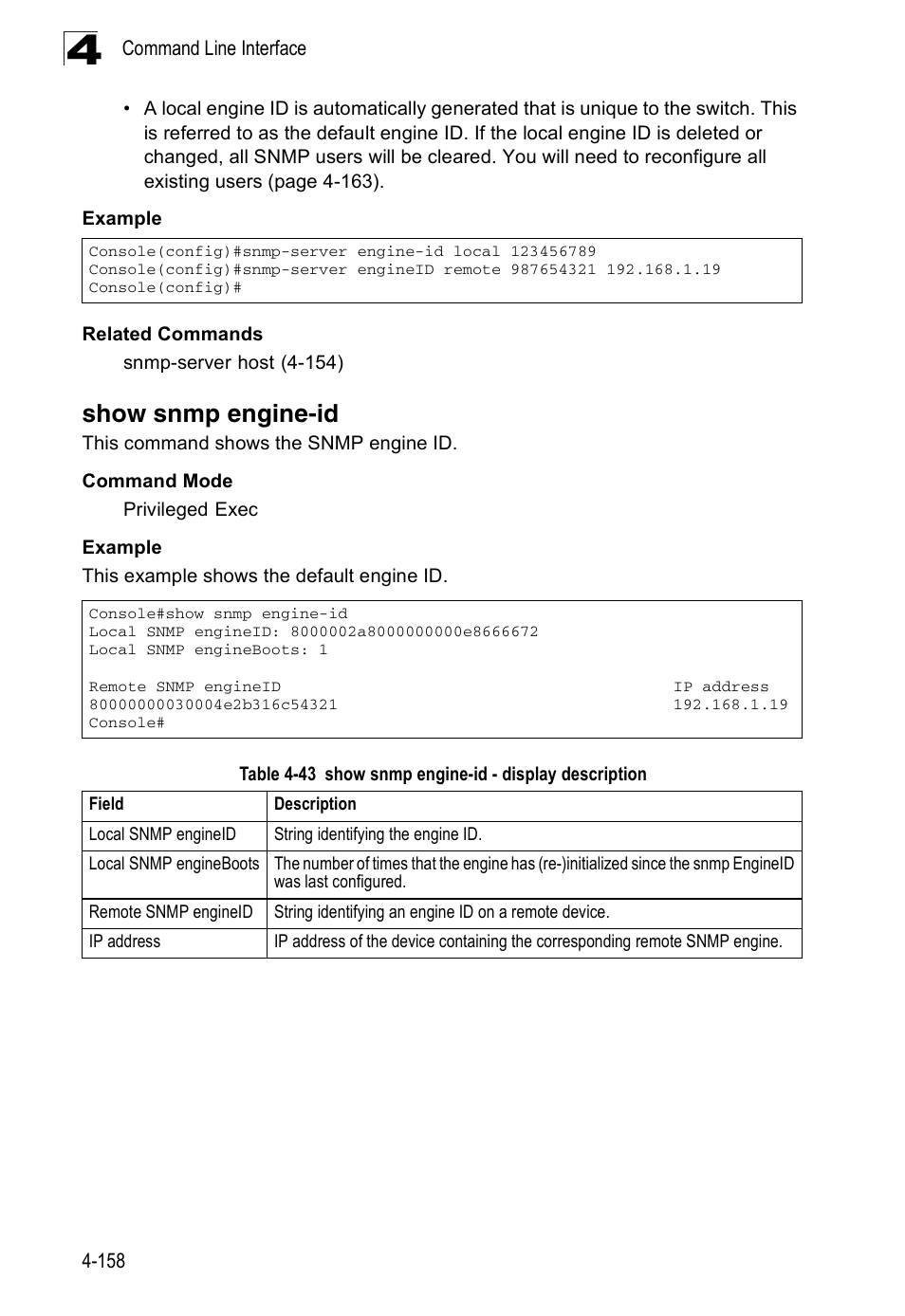 Show snmp engine-id, Table 4-43, Show snmp engine-id - display description | Accton Technology Edge-corE Fast Ethernet Switch ES3528M-SFP User Manual | Page 454 / 644