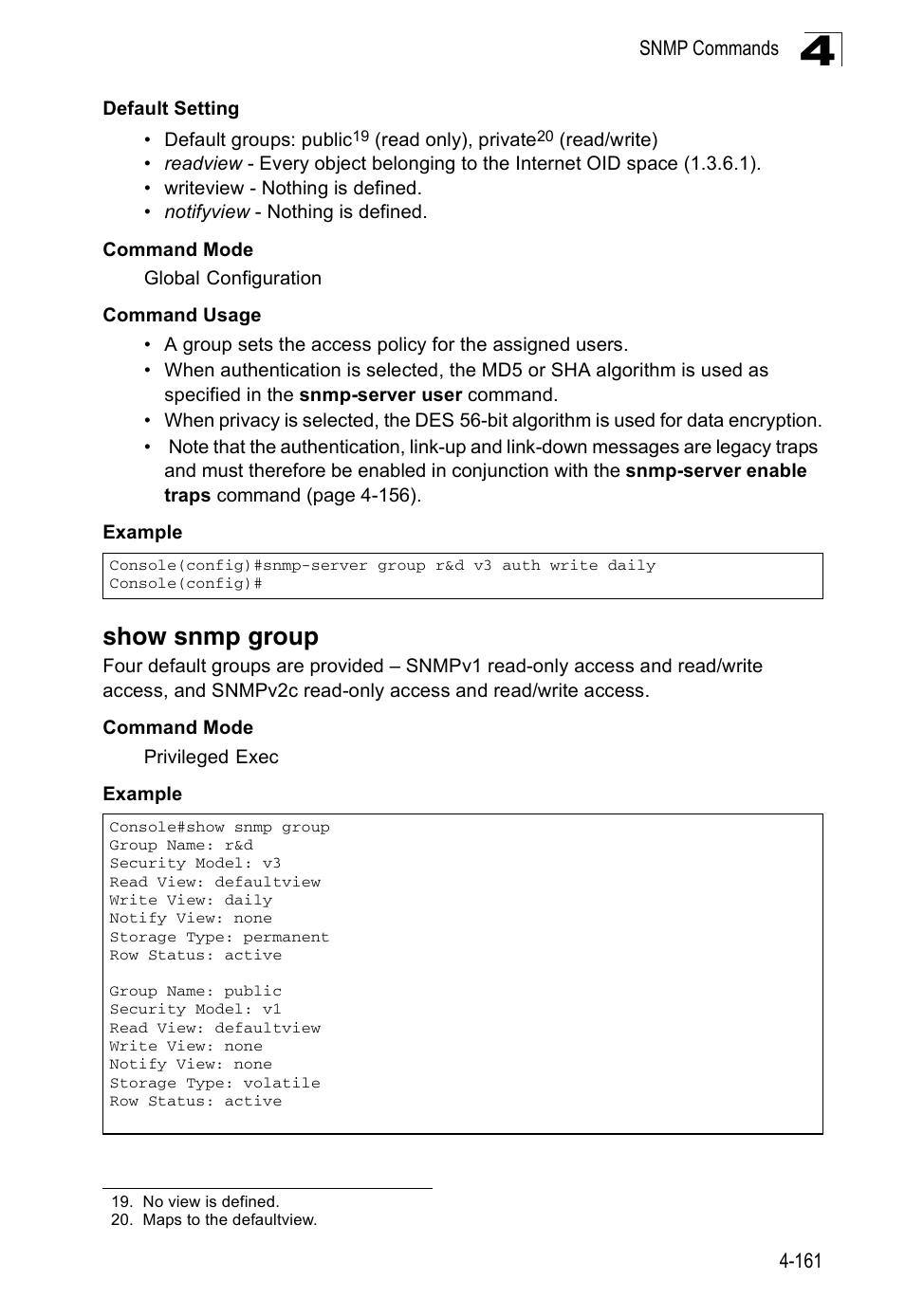 Show snmp group | Accton Technology Edge-corE Fast Ethernet Switch ES3528M-SFP User Manual | Page 457 / 644