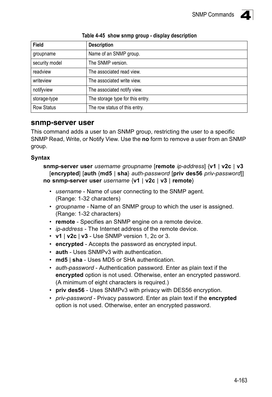 Snmp-server user, Table 4-45, Show snmp group - display description | Accton Technology Edge-corE Fast Ethernet Switch ES3528M-SFP User Manual | Page 459 / 644