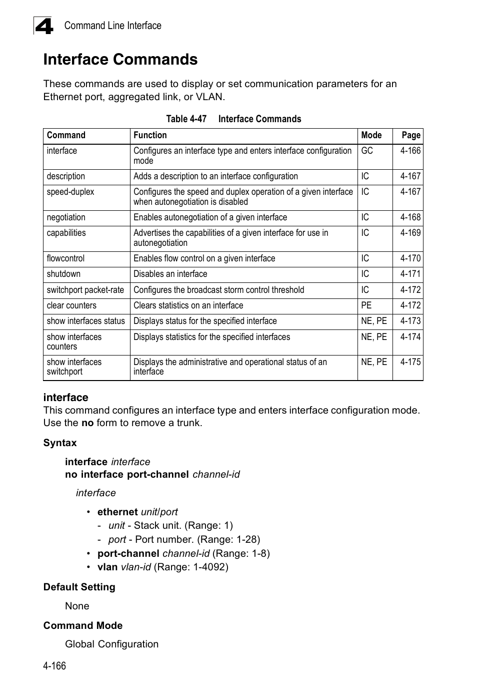 Interface commands, Interface, Interface 4-166 | Table 4-47 | Accton Technology Edge-corE Fast Ethernet Switch ES3528M-SFP User Manual | Page 462 / 644