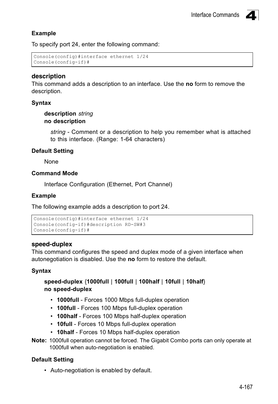 Description, Speed-duplex, Description 4-167 speed-duplex 4-167 | Accton Technology Edge-corE Fast Ethernet Switch ES3528M-SFP User Manual | Page 463 / 644