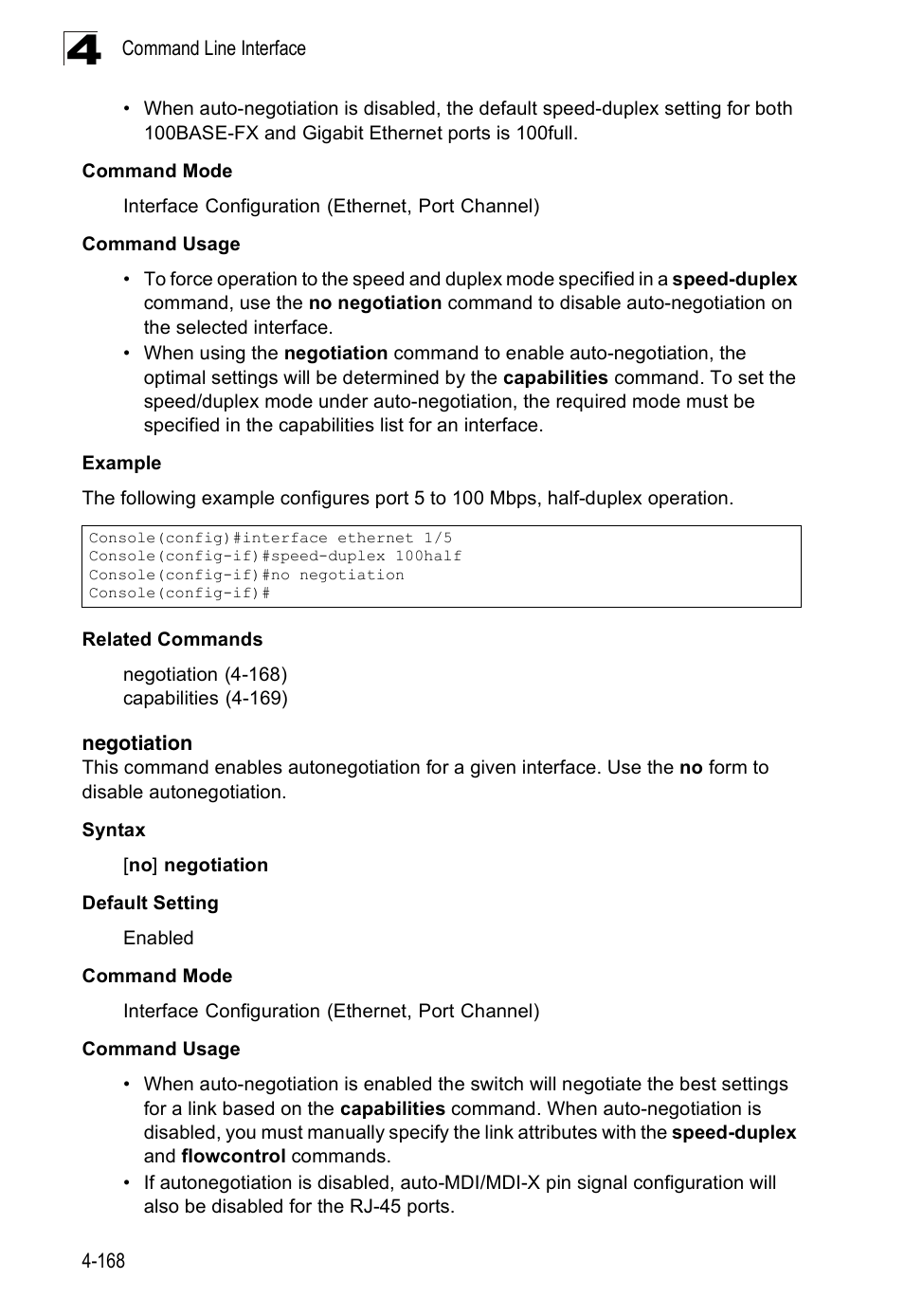 Negotiation, Negotiation 4-168 | Accton Technology Edge-corE Fast Ethernet Switch ES3528M-SFP User Manual | Page 464 / 644