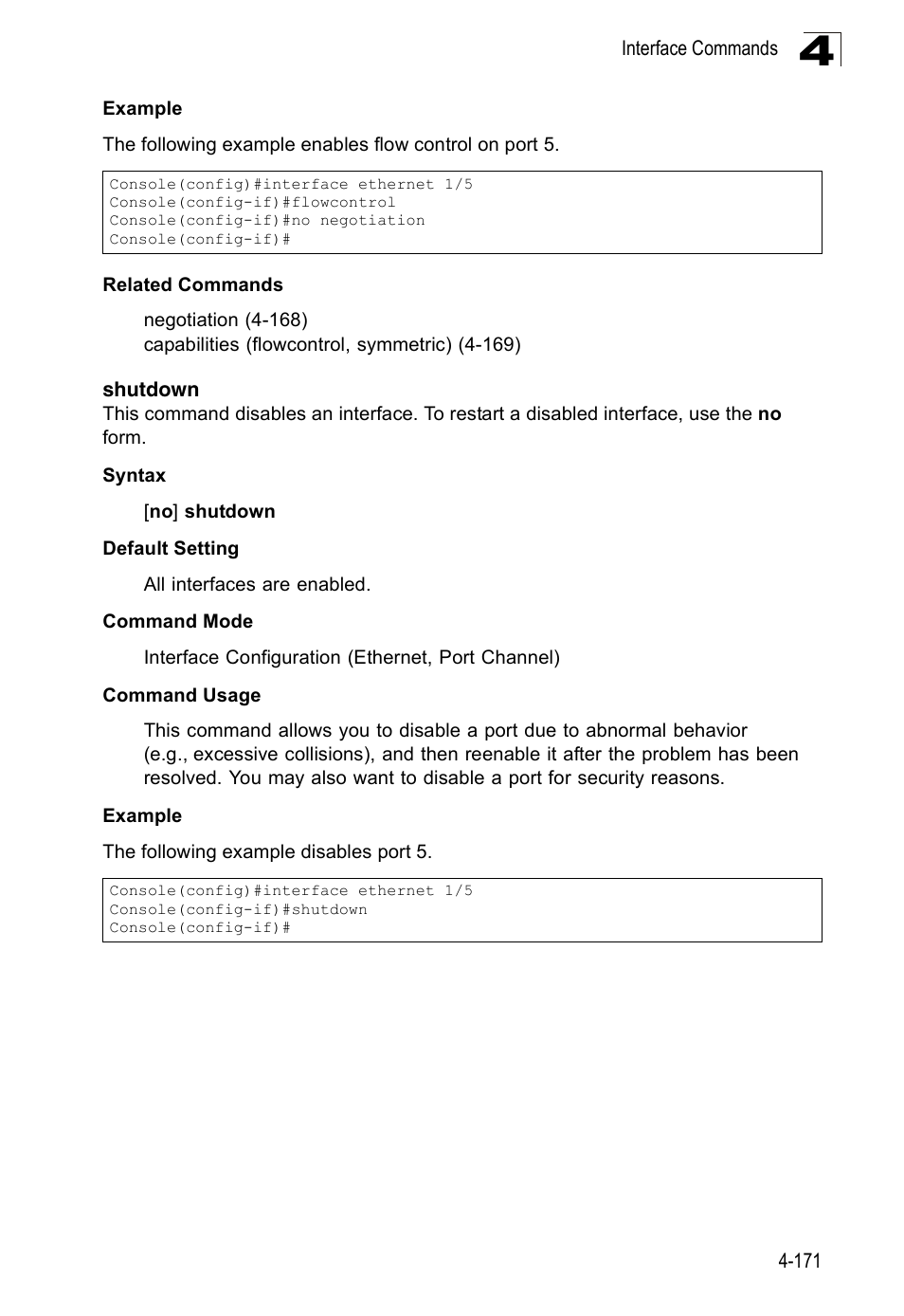 Shutdown, Shutdown 4-171, Shutdown (4-171) | Accton Technology Edge-corE Fast Ethernet Switch ES3528M-SFP User Manual | Page 467 / 644