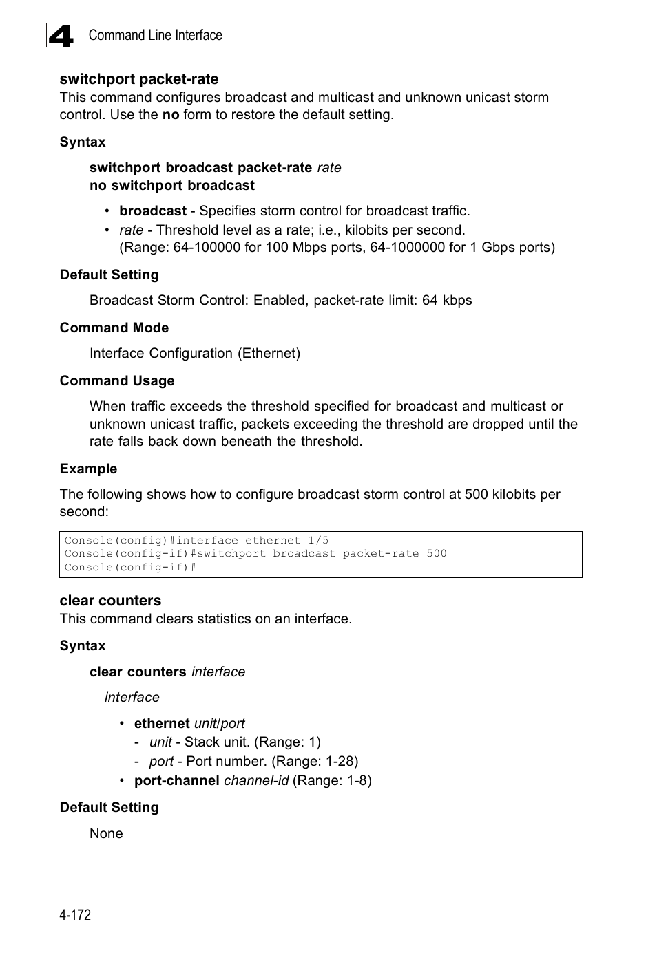 Switchport packet-rate, Clear counters | Accton Technology Edge-corE Fast Ethernet Switch ES3528M-SFP User Manual | Page 468 / 644