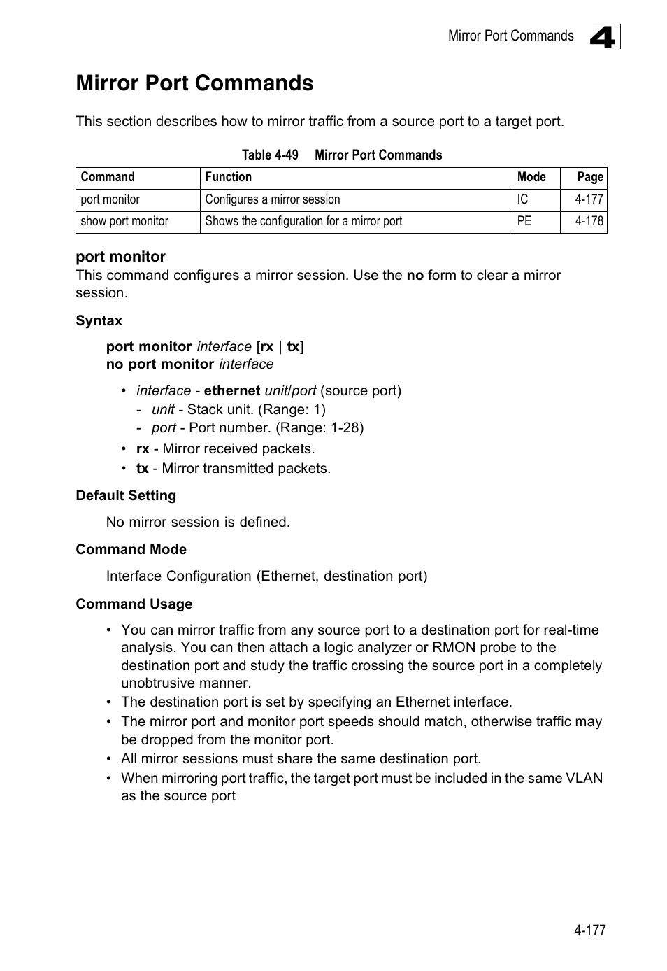 Mirror port commands, Port monitor, Table 4-49 | Accton Technology Edge-corE Fast Ethernet Switch ES3528M-SFP User Manual | Page 473 / 644