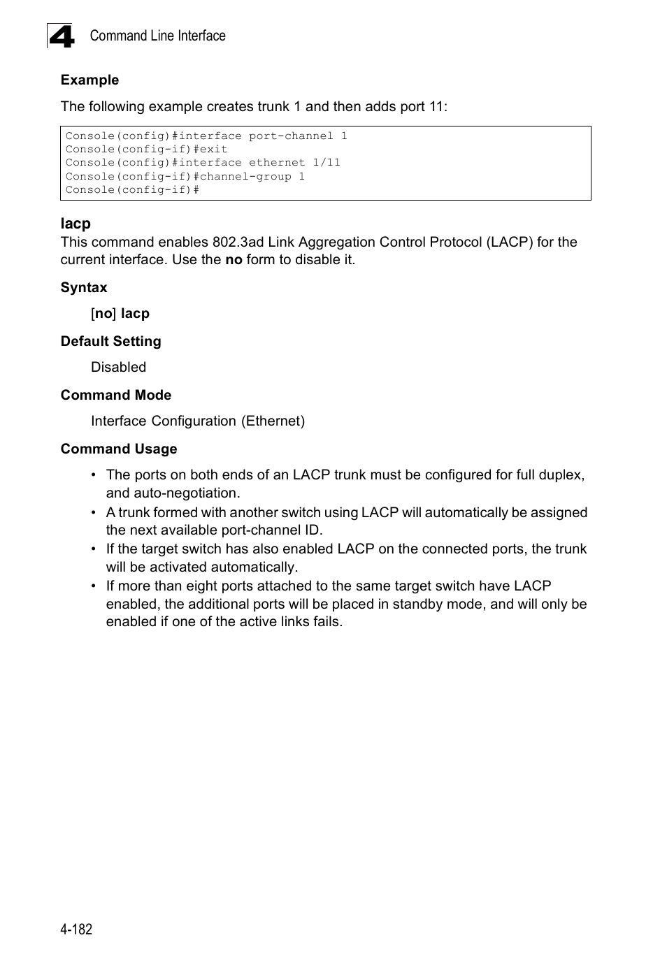 Lacp, Lacp 4-182 | Accton Technology Edge-corE Fast Ethernet Switch ES3528M-SFP User Manual | Page 478 / 644