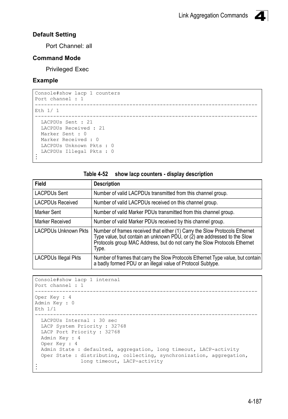 Table 4-52, Show lacp counters - display description | Accton Technology Edge-corE Fast Ethernet Switch ES3528M-SFP User Manual | Page 483 / 644