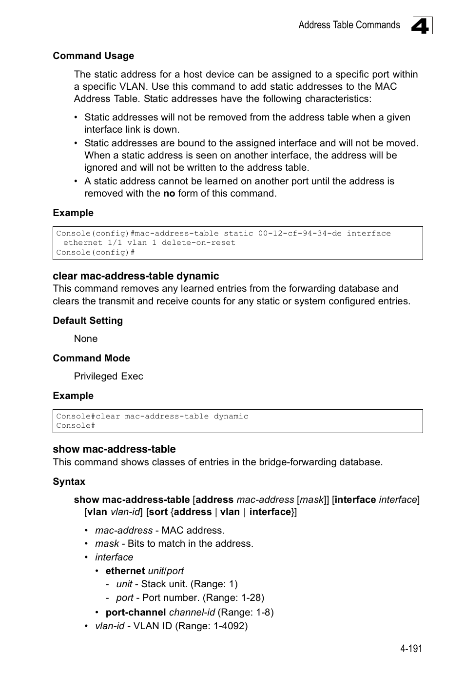 Clear mac-address-table dynamic, Show mac-address-table, Show mac-address-table (4-191) | Accton Technology Edge-corE Fast Ethernet Switch ES3528M-SFP User Manual | Page 487 / 644