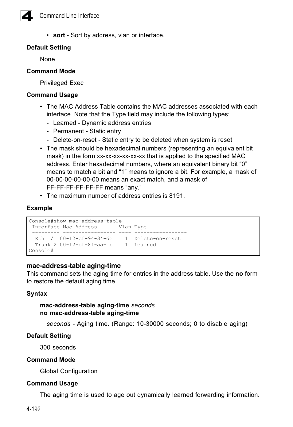Mac-address-table aging-time | Accton Technology Edge-corE Fast Ethernet Switch ES3528M-SFP User Manual | Page 488 / 644
