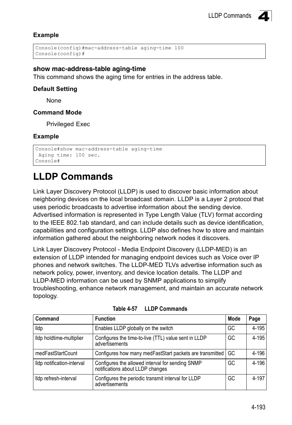 Show mac-address-table aging-time, Lldp commands, Table 4-57 | Accton Technology Edge-corE Fast Ethernet Switch ES3528M-SFP User Manual | Page 489 / 644
