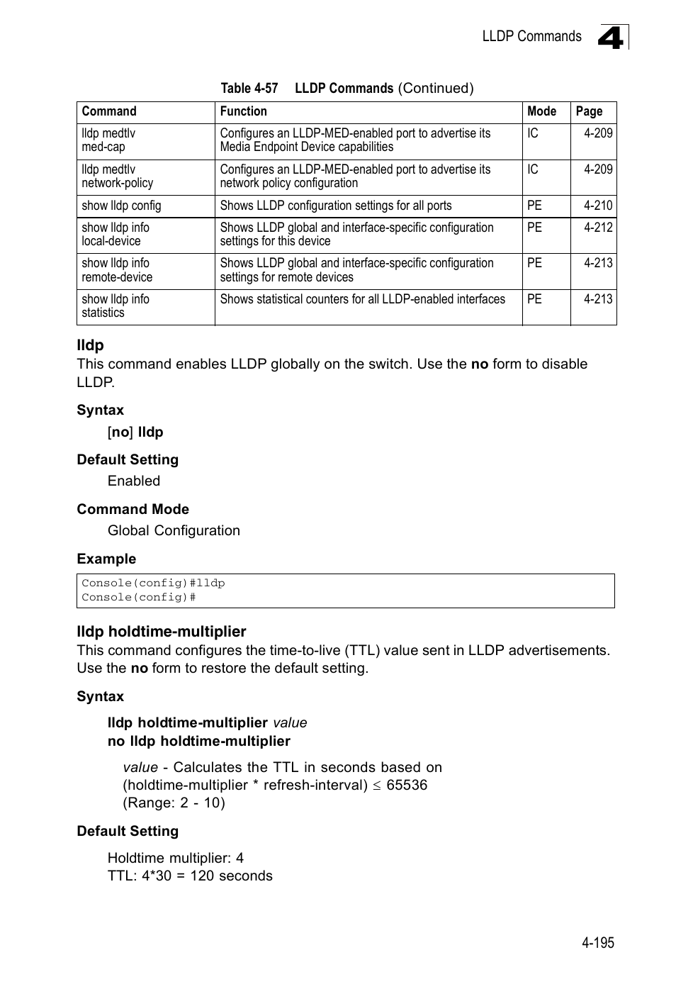 Lldp, Lldp holdtime-multiplier, Lldp 4-195 lldp holdtime-multiplier | Accton Technology Edge-corE Fast Ethernet Switch ES3528M-SFP User Manual | Page 491 / 644