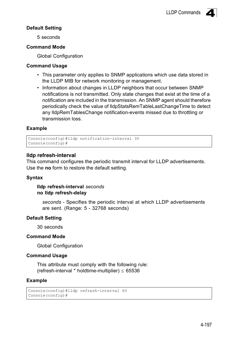 Lldp refresh-interval | Accton Technology Edge-corE Fast Ethernet Switch ES3528M-SFP User Manual | Page 493 / 644