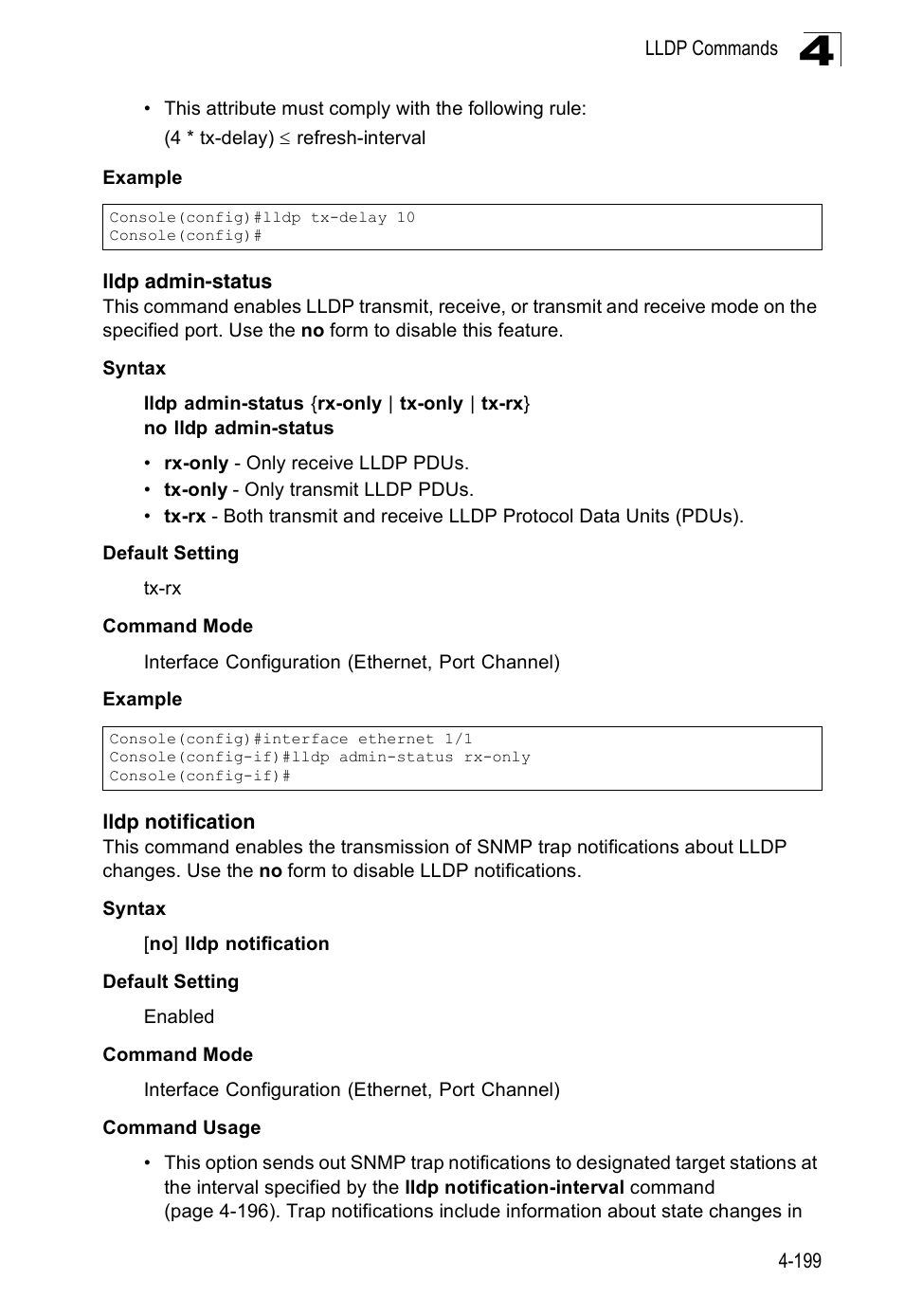 Lldp admin-status, Lldp notification | Accton Technology Edge-corE Fast Ethernet Switch ES3528M-SFP User Manual | Page 495 / 644