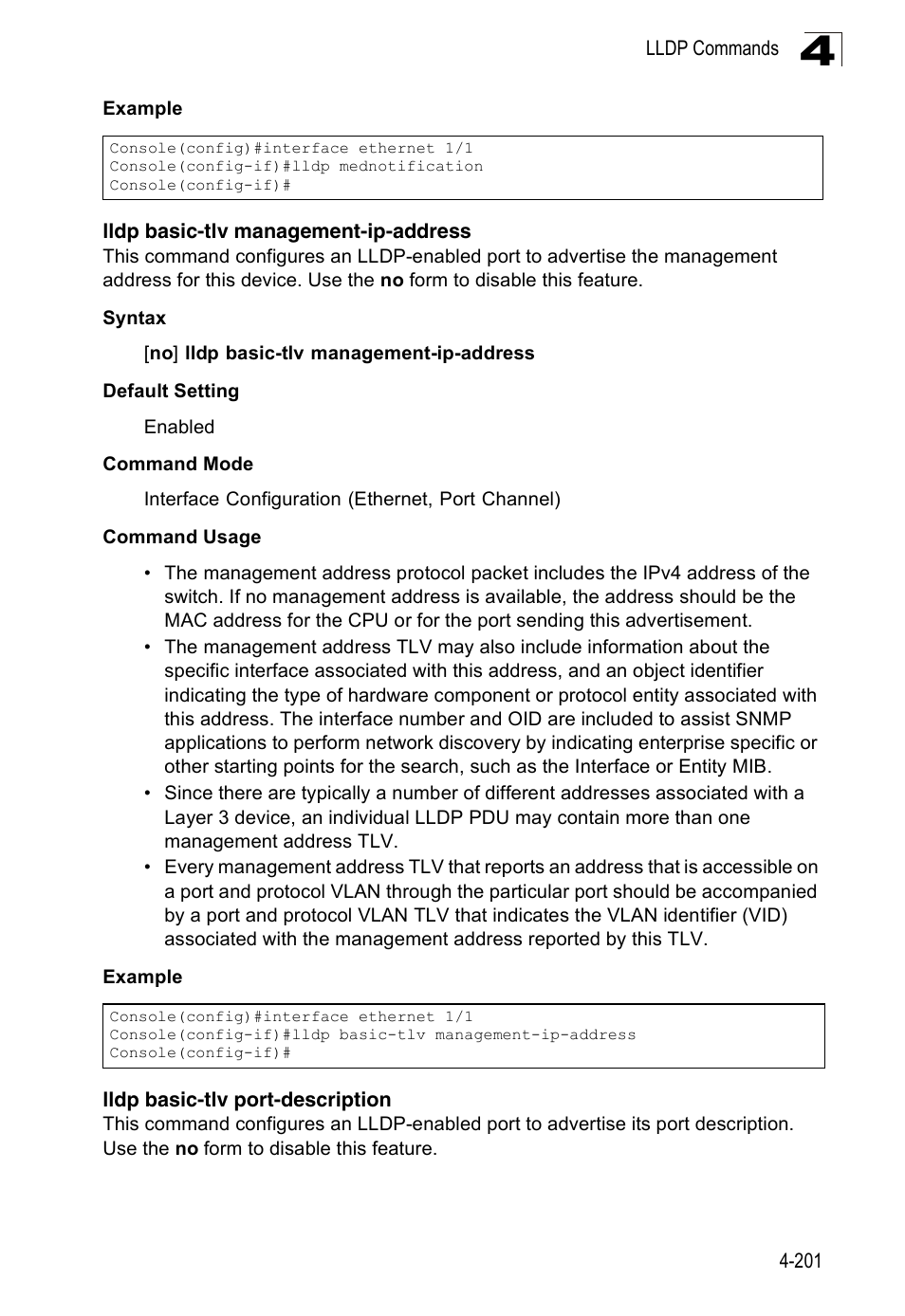 Lldp basic-tlv management-ip-address, Lldp basic-tlv port-description | Accton Technology Edge-corE Fast Ethernet Switch ES3528M-SFP User Manual | Page 497 / 644