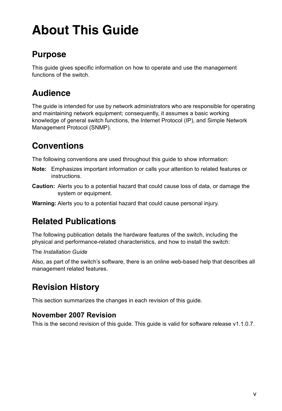 About this guide, Purpose, Audience | Conventions, Related publications, Revision history | Accton Technology Edge-corE Fast Ethernet Switch ES3528M-SFP User Manual | Page 5 / 644