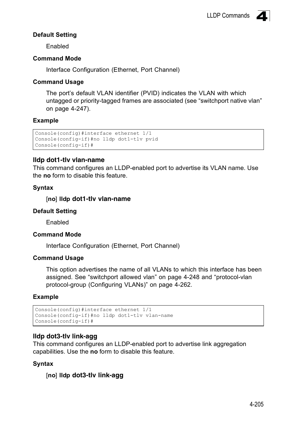 Lldp dot1-tlv vlan-name, Lldp dot3-tlv link-agg | Accton Technology Edge-corE Fast Ethernet Switch ES3528M-SFP User Manual | Page 501 / 644