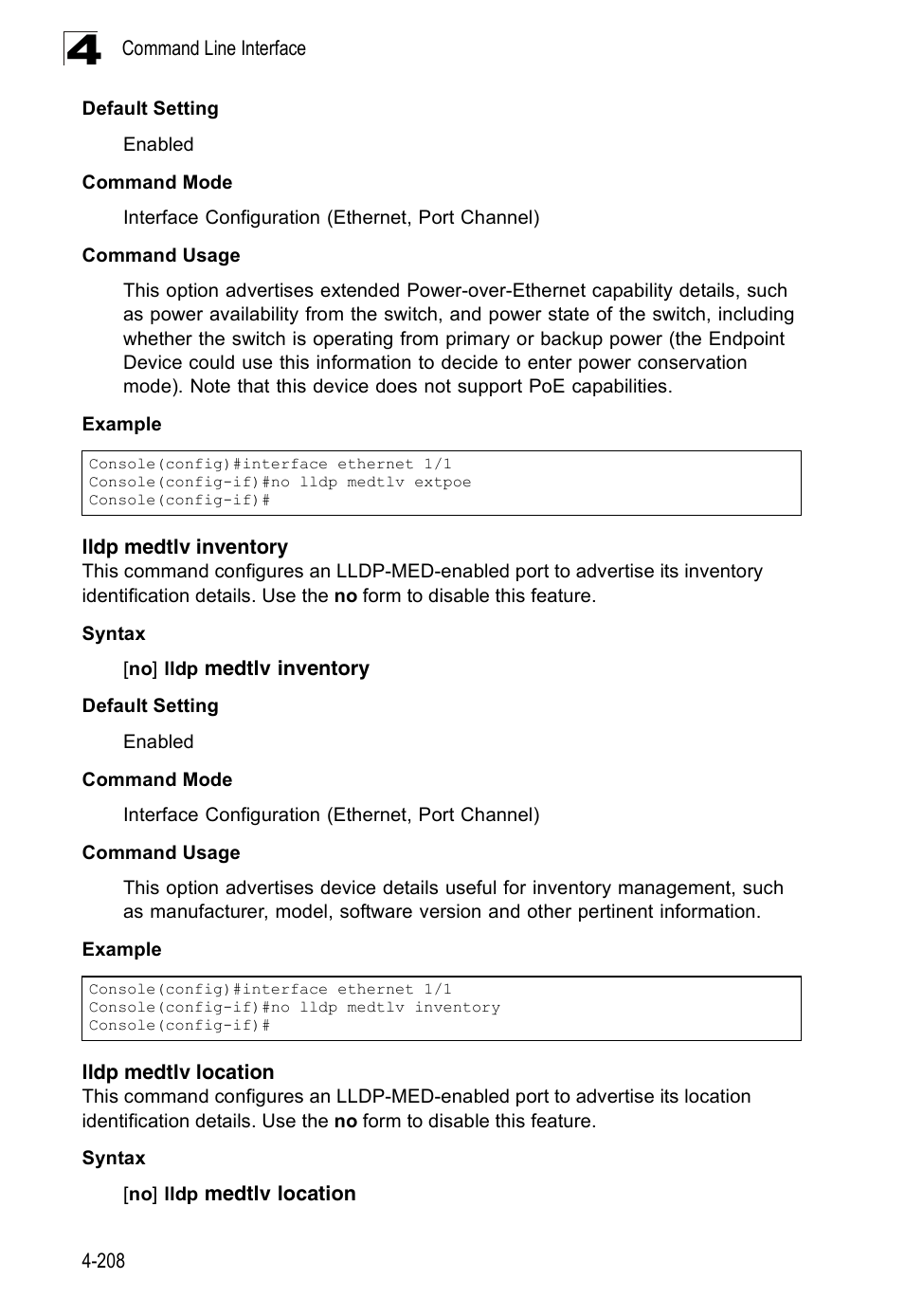 Lldp medtlv inventory, Lldp medtlv location | Accton Technology Edge-corE Fast Ethernet Switch ES3528M-SFP User Manual | Page 504 / 644