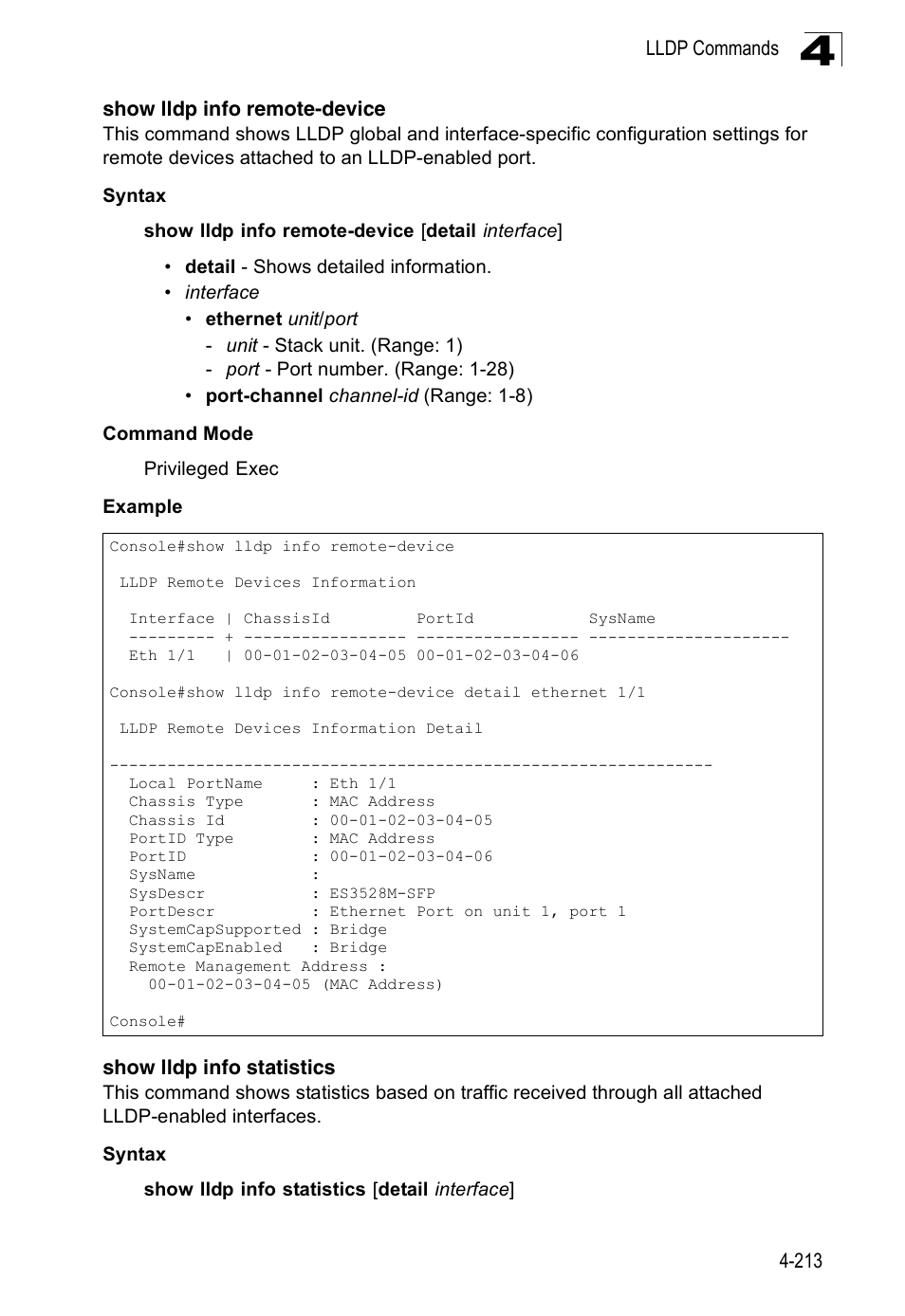 Show lldp info remote-device, Show lldp info statistics | Accton Technology Edge-corE Fast Ethernet Switch ES3528M-SFP User Manual | Page 509 / 644