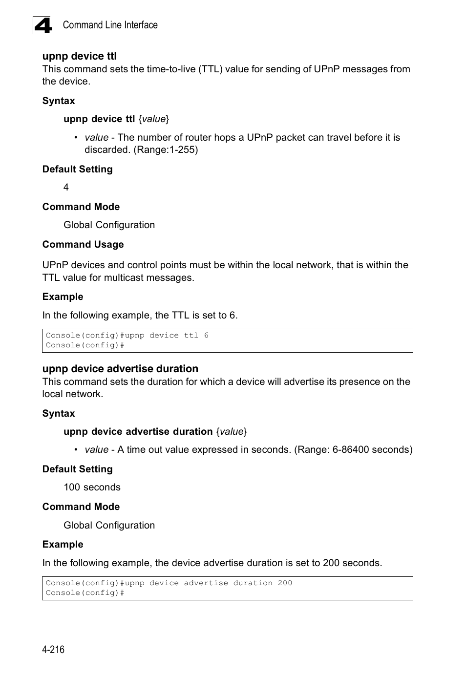 Upnp device ttl, Upnp device advertise duration | Accton Technology Edge-corE Fast Ethernet Switch ES3528M-SFP User Manual | Page 512 / 644