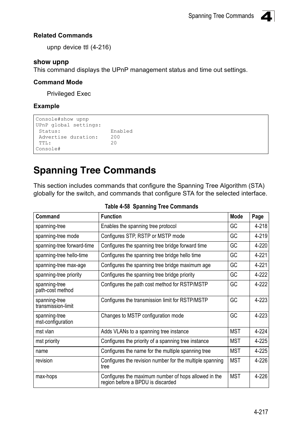Show upnp, Spanning tree commands, Table 4-58 | Accton Technology Edge-corE Fast Ethernet Switch ES3528M-SFP User Manual | Page 513 / 644