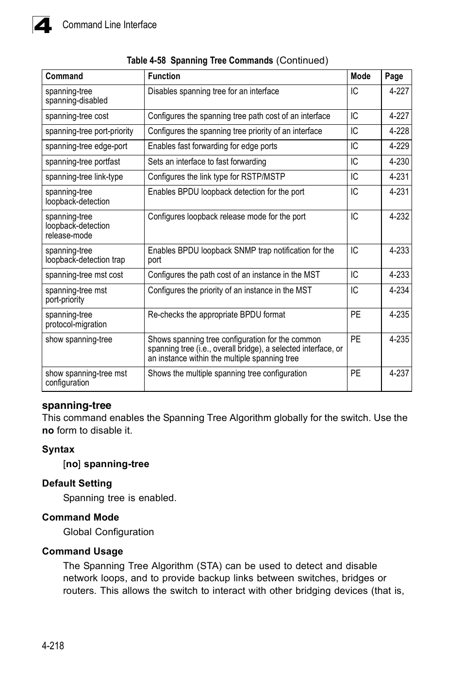 Spanning-tree, Spanning-tree 4-218 | Accton Technology Edge-corE Fast Ethernet Switch ES3528M-SFP User Manual | Page 514 / 644