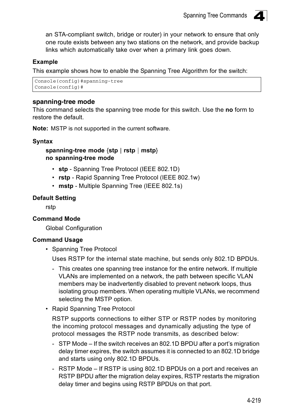 Spanning-tree mode | Accton Technology Edge-corE Fast Ethernet Switch ES3528M-SFP User Manual | Page 515 / 644