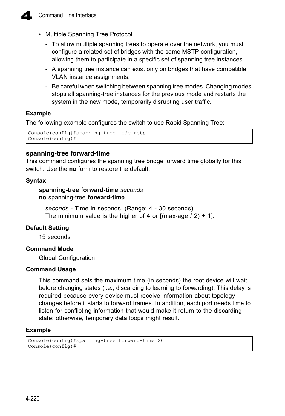 Spanning-tree forward-time | Accton Technology Edge-corE Fast Ethernet Switch ES3528M-SFP User Manual | Page 516 / 644