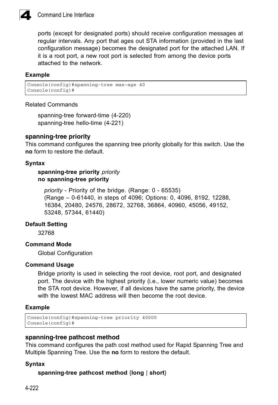 Spanning-tree priority, Spanning-tree pathcost method | Accton Technology Edge-corE Fast Ethernet Switch ES3528M-SFP User Manual | Page 518 / 644