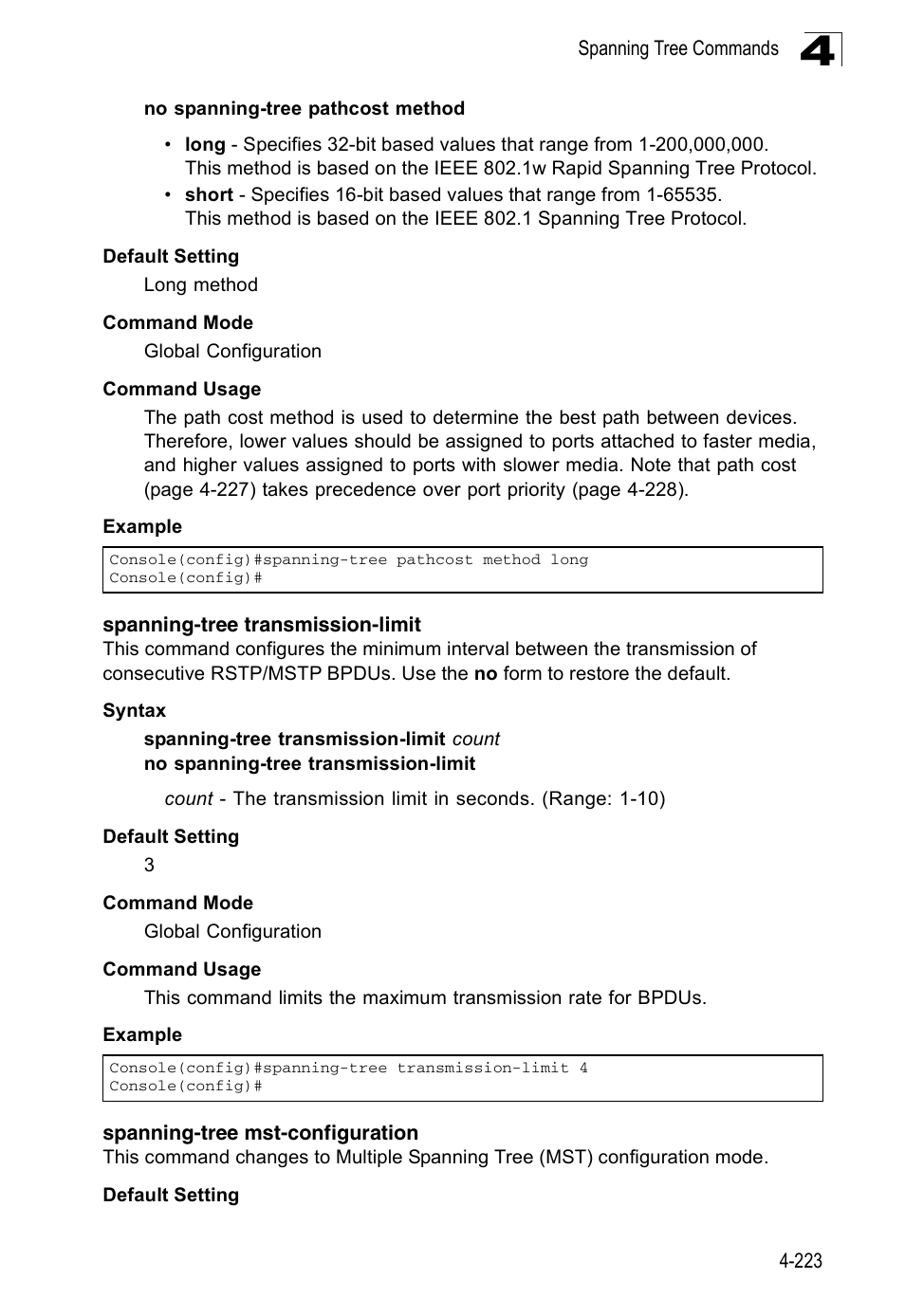Spanning-tree transmission-limit, Spanning-tree mst-configuration | Accton Technology Edge-corE Fast Ethernet Switch ES3528M-SFP User Manual | Page 519 / 644