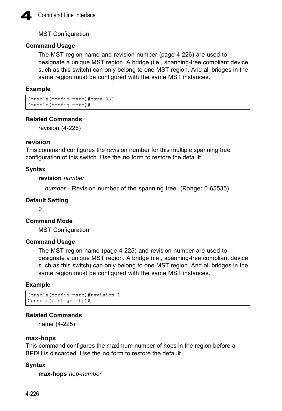 Revision, Max-hops, Revision 4-226 max-hops 4-226 | Revision (4-226) max-hops (4-226) | Accton Technology Edge-corE Fast Ethernet Switch ES3528M-SFP User Manual | Page 522 / 644