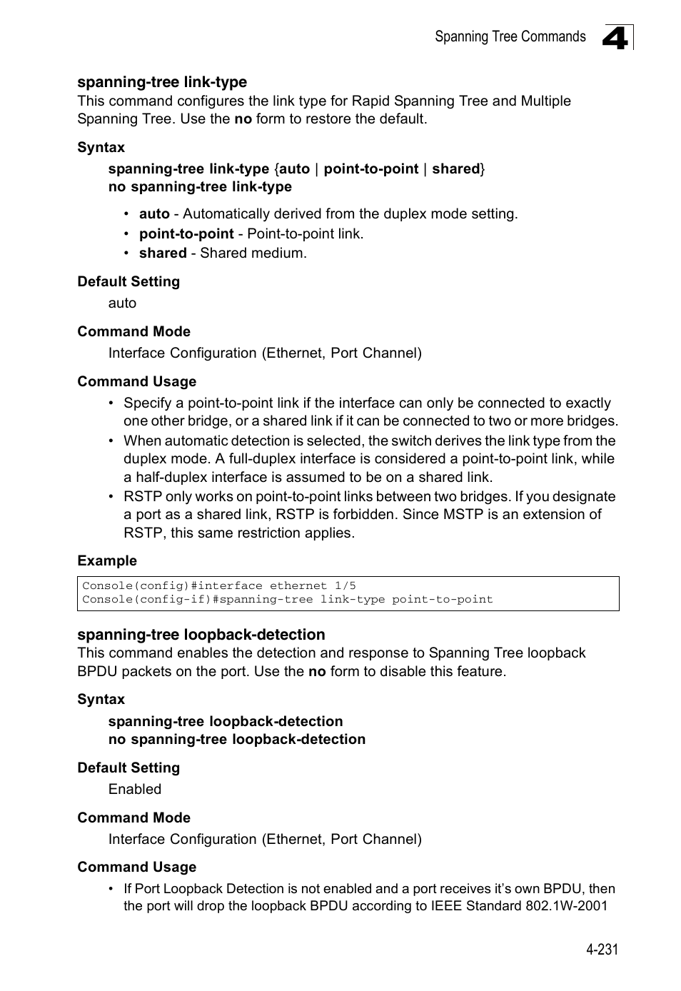 Spanning-tree link-type, Spanning-tree loopback-detection | Accton Technology Edge-corE Fast Ethernet Switch ES3528M-SFP User Manual | Page 527 / 644