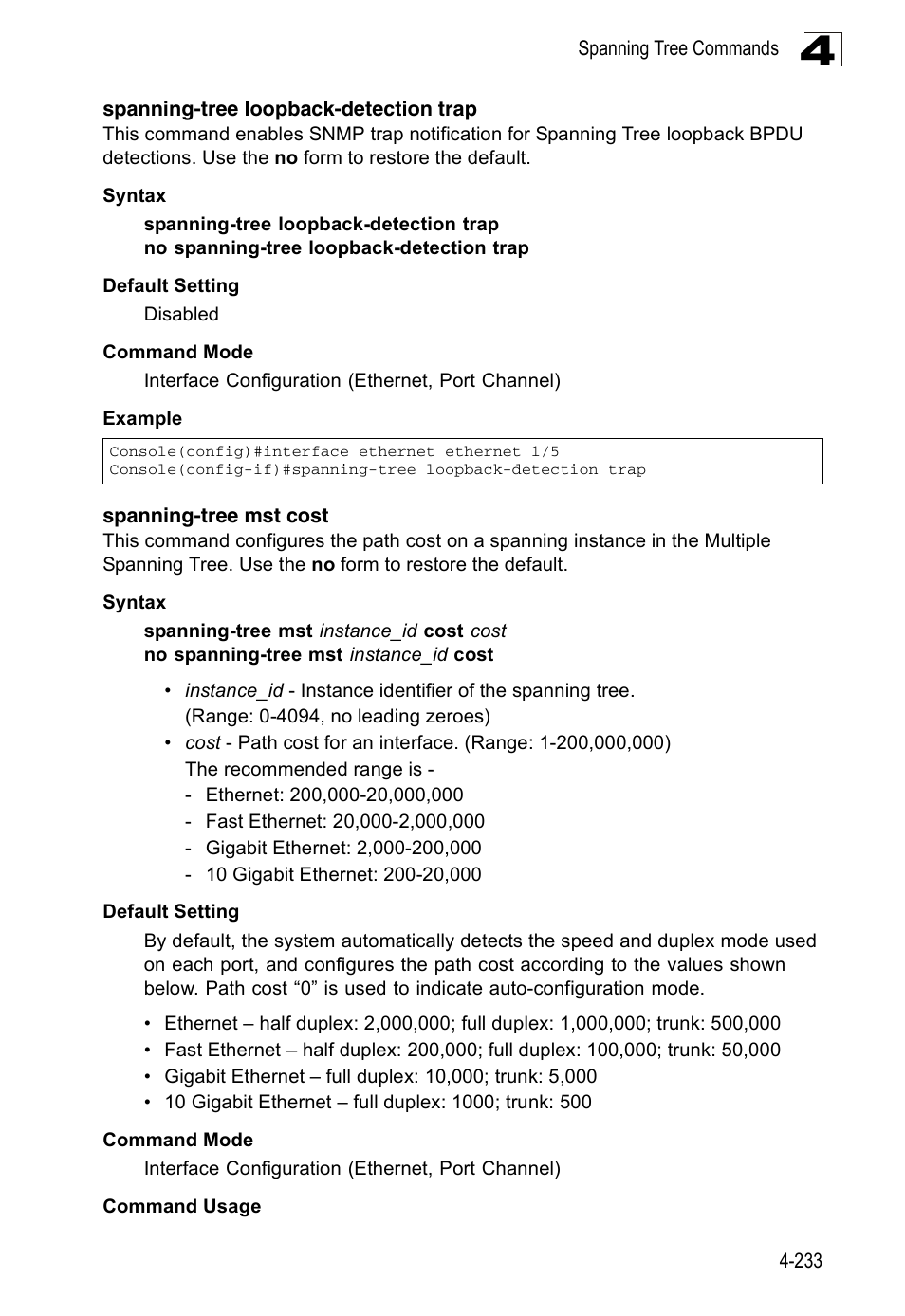 Spanning-tree loopback-detection trap, Spanning-tree mst cost | Accton Technology Edge-corE Fast Ethernet Switch ES3528M-SFP User Manual | Page 529 / 644