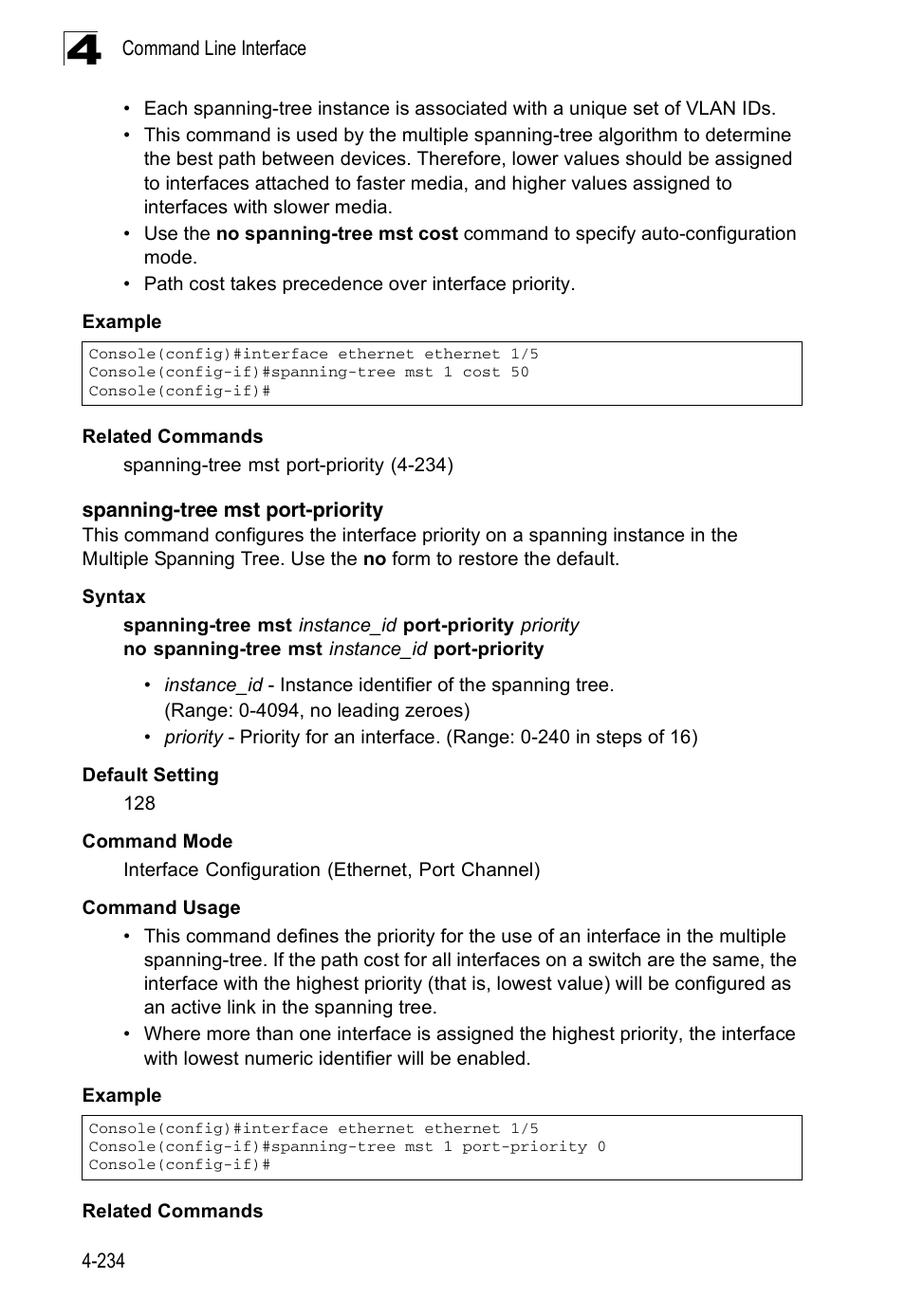 Spanning-tree mst port-priority | Accton Technology Edge-corE Fast Ethernet Switch ES3528M-SFP User Manual | Page 530 / 644