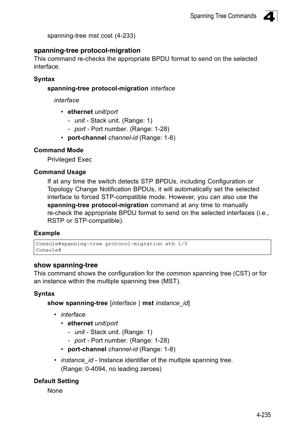 Spanning-tree protocol-migration, Show spanning-tree | Accton Technology Edge-corE Fast Ethernet Switch ES3528M-SFP User Manual | Page 531 / 644