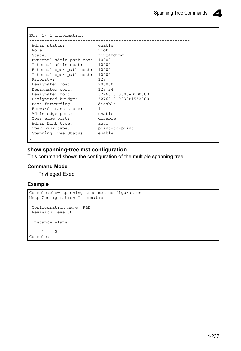 Show spanning-tree mst configuration | Accton Technology Edge-corE Fast Ethernet Switch ES3528M-SFP User Manual | Page 533 / 644