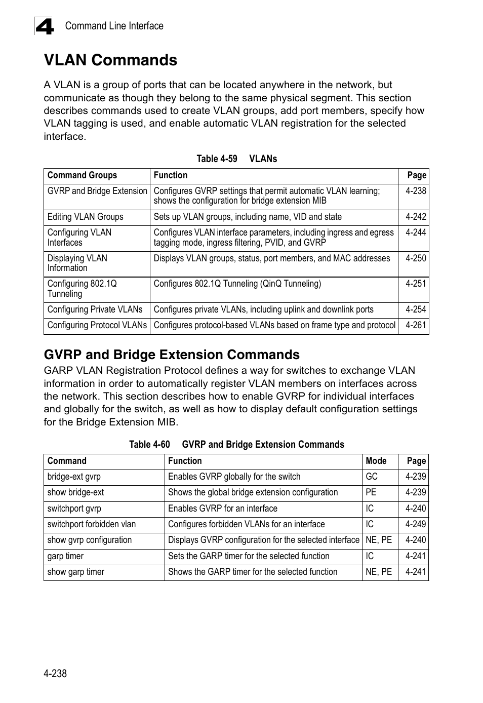 Vlan commands, Gvrp and bridge extension commands, Table 4-59 | Vlans 4-238, Table 4-60 | Accton Technology Edge-corE Fast Ethernet Switch ES3528M-SFP User Manual | Page 534 / 644