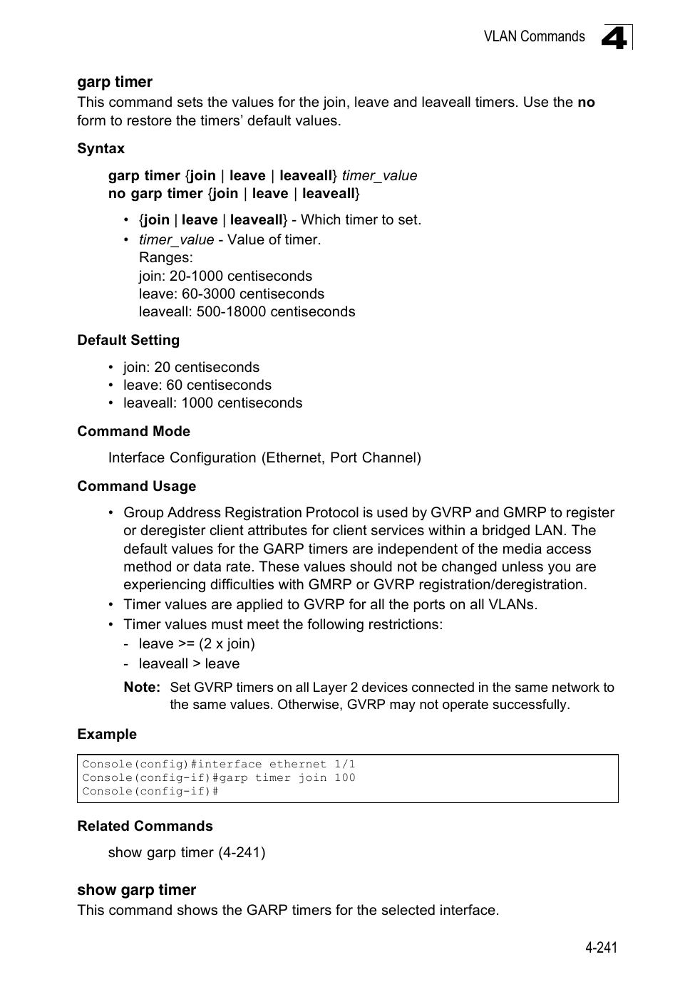 Garp timer, Show garp timer | Accton Technology Edge-corE Fast Ethernet Switch ES3528M-SFP User Manual | Page 537 / 644