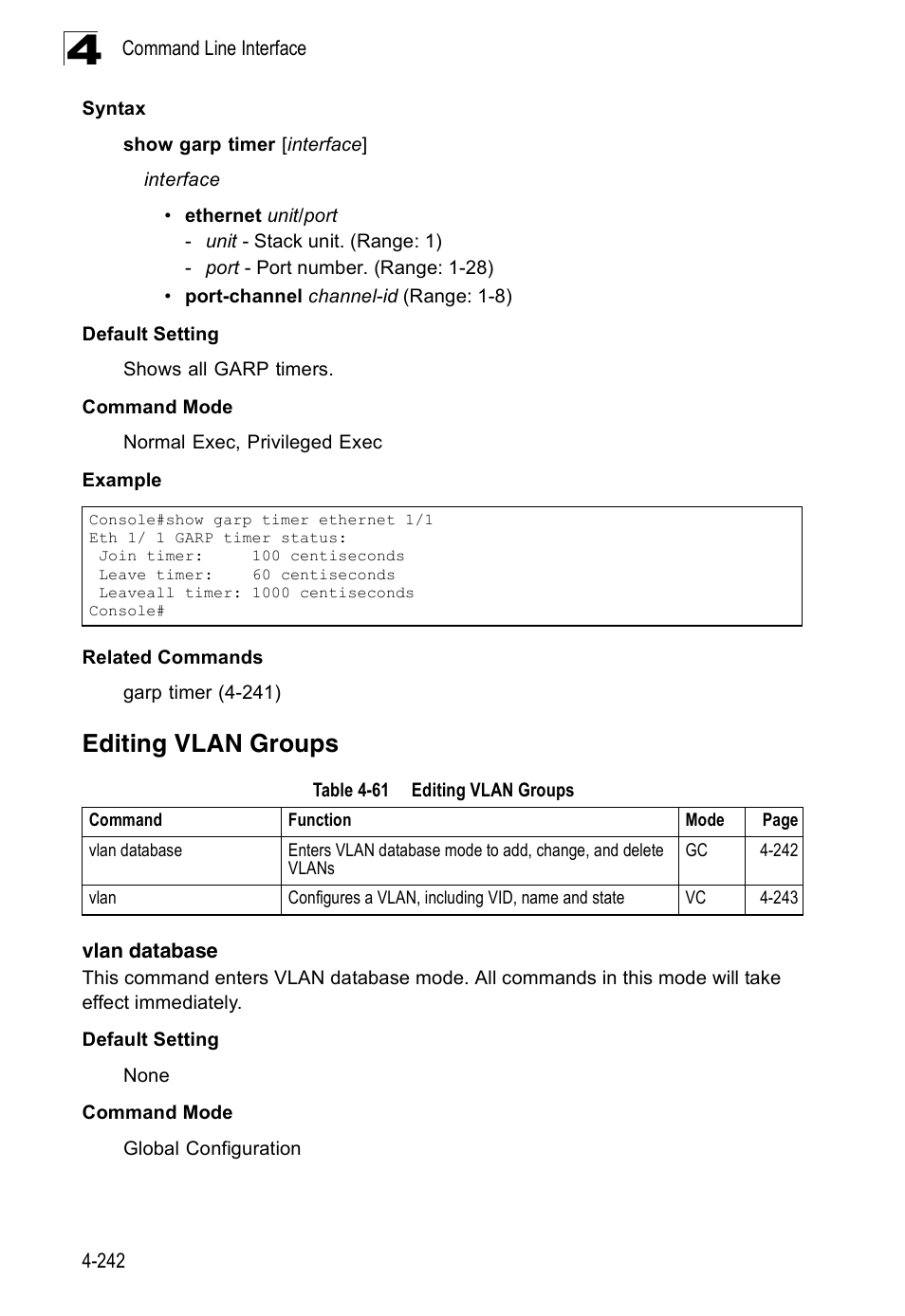 Editing vlan groups, Vlan database, Table 4-61 | Accton Technology Edge-corE Fast Ethernet Switch ES3528M-SFP User Manual | Page 538 / 644