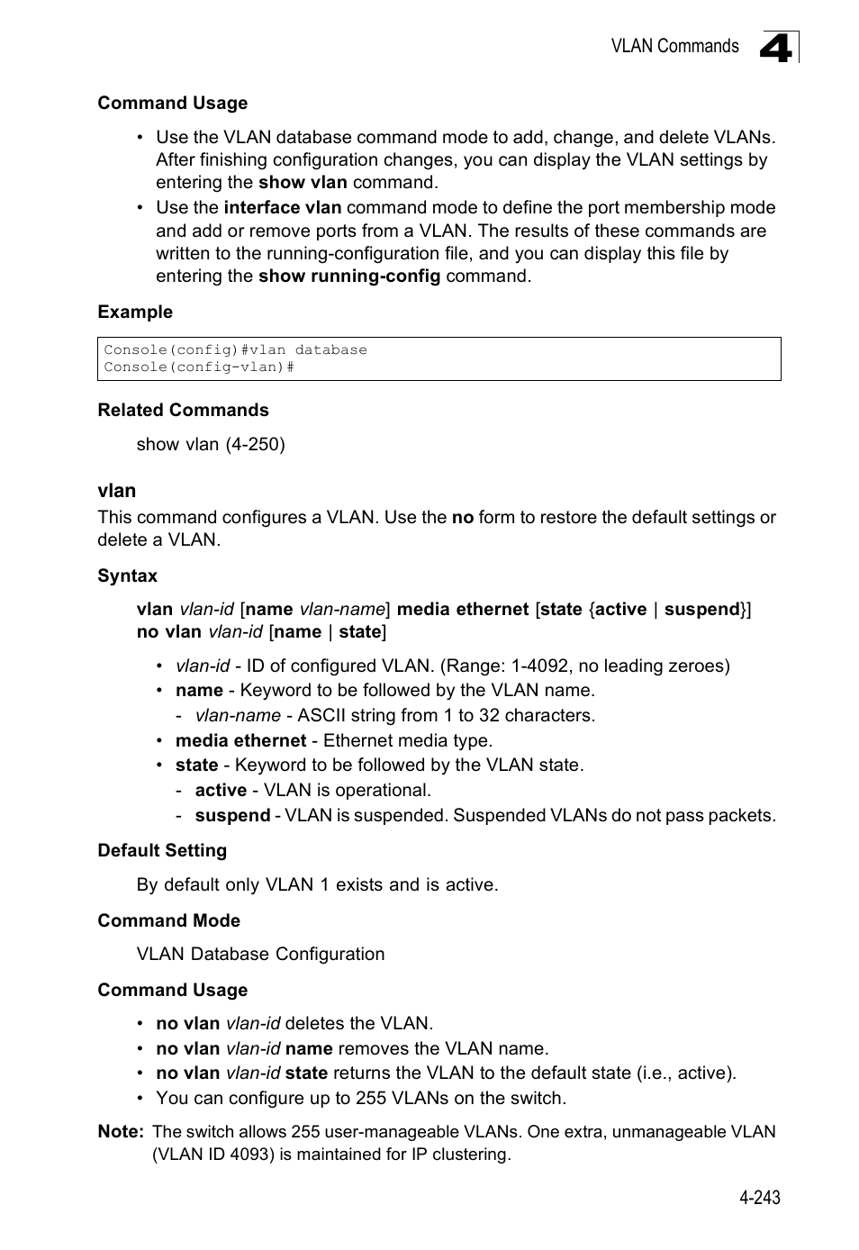 Vlan 4-243 | Accton Technology Edge-corE Fast Ethernet Switch ES3528M-SFP User Manual | Page 539 / 644