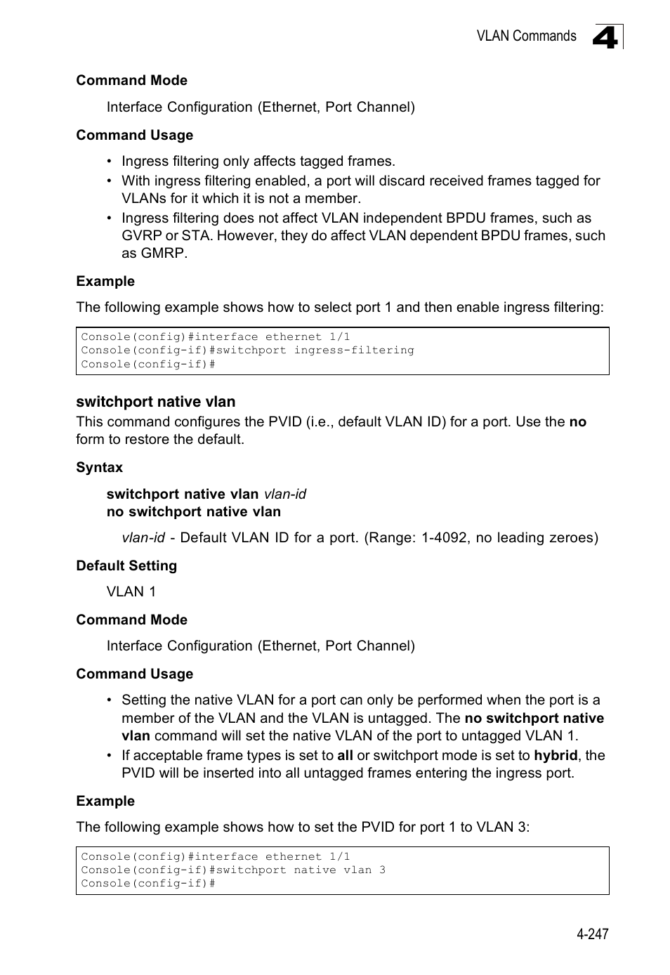 Switchport native vlan, E 4-247 | Accton Technology Edge-corE Fast Ethernet Switch ES3528M-SFP User Manual | Page 543 / 644