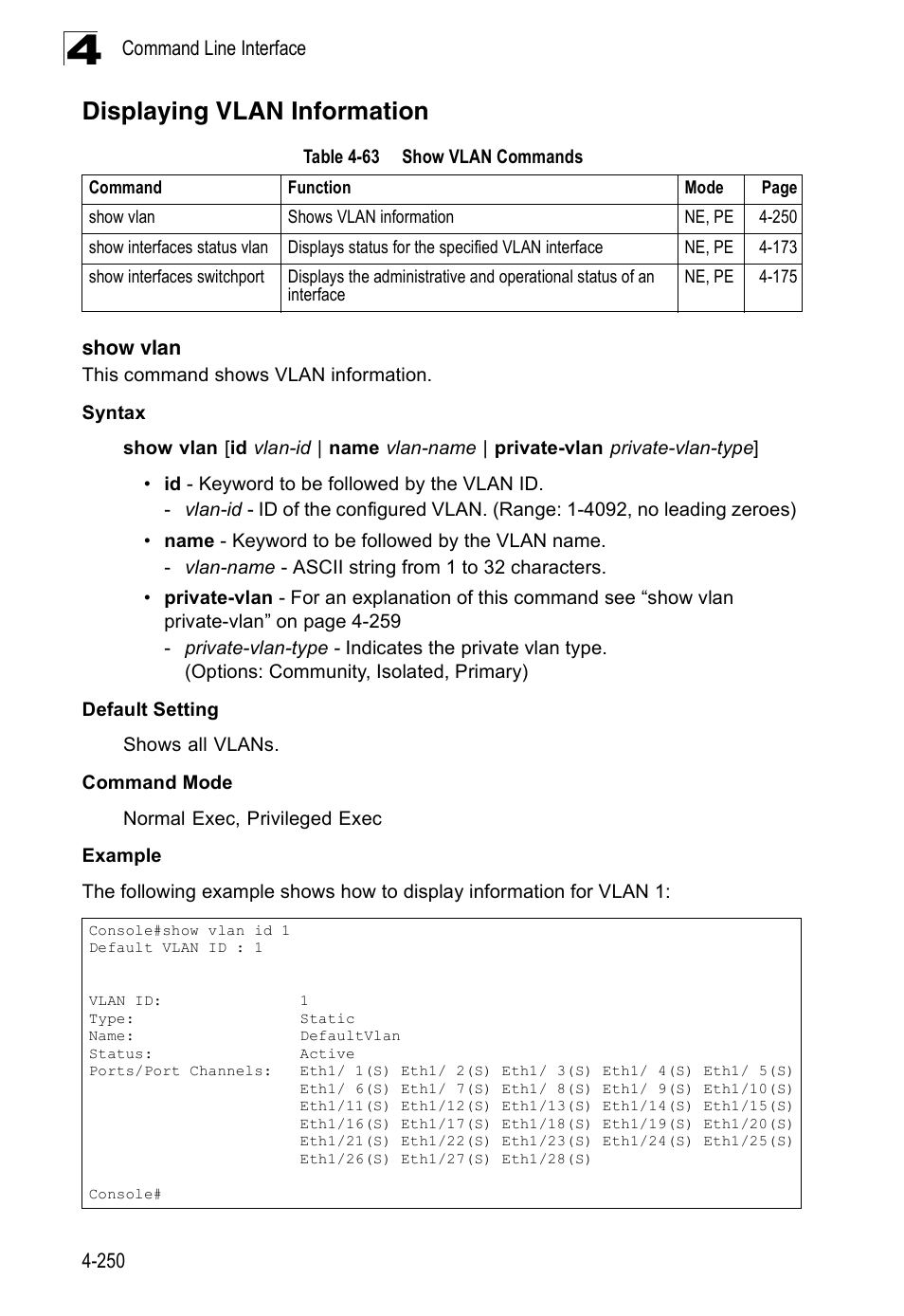 Displaying vlan information, Show vlan, Table 4-63 | Show vlan commands, Show vlan (4-250) | Accton Technology Edge-corE Fast Ethernet Switch ES3528M-SFP User Manual | Page 546 / 644