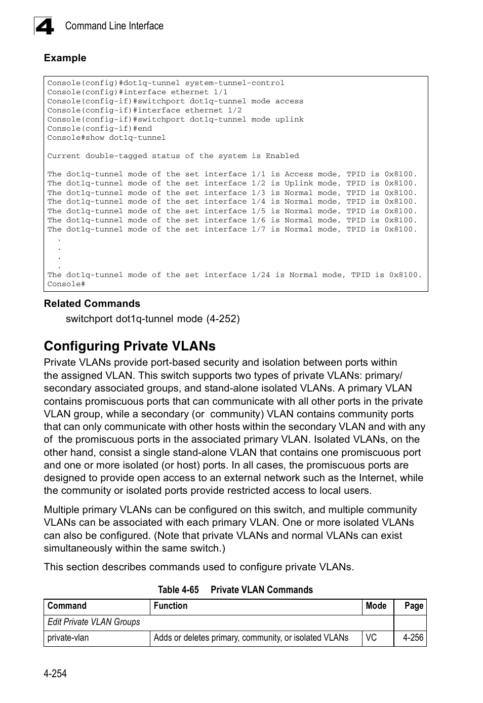 Configuring private vlans, Table 4-65, Private vlan commands | Accton Technology Edge-corE Fast Ethernet Switch ES3528M-SFP User Manual | Page 550 / 644