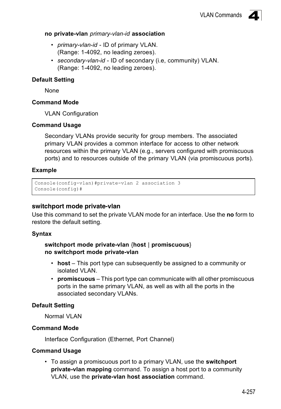 Switchport mode private-vlan, E “switchport mode | Accton Technology Edge-corE Fast Ethernet Switch ES3528M-SFP User Manual | Page 553 / 644