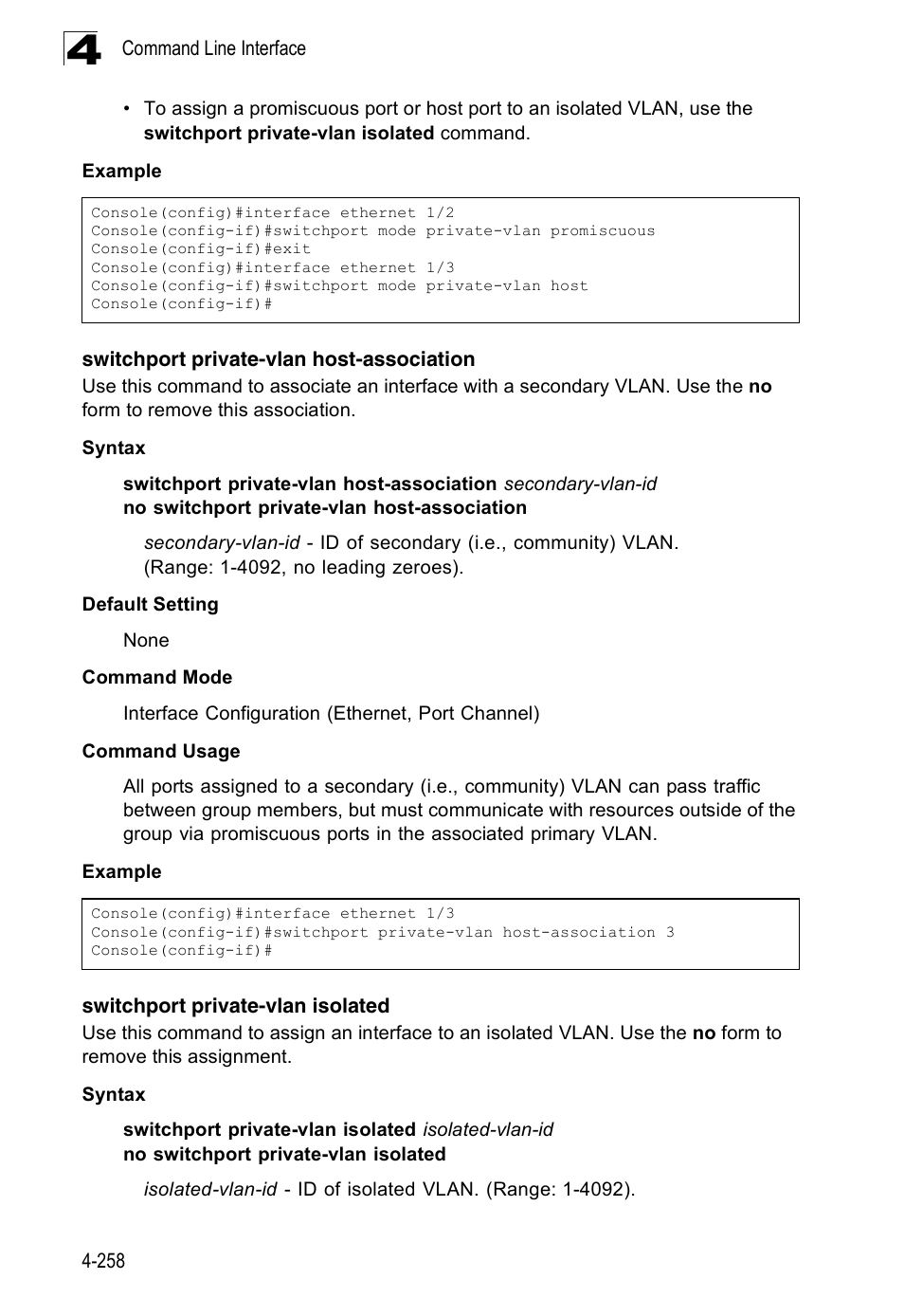 Switchport private-vlan host-association, Switchport private-vlan isolated | Accton Technology Edge-corE Fast Ethernet Switch ES3528M-SFP User Manual | Page 554 / 644