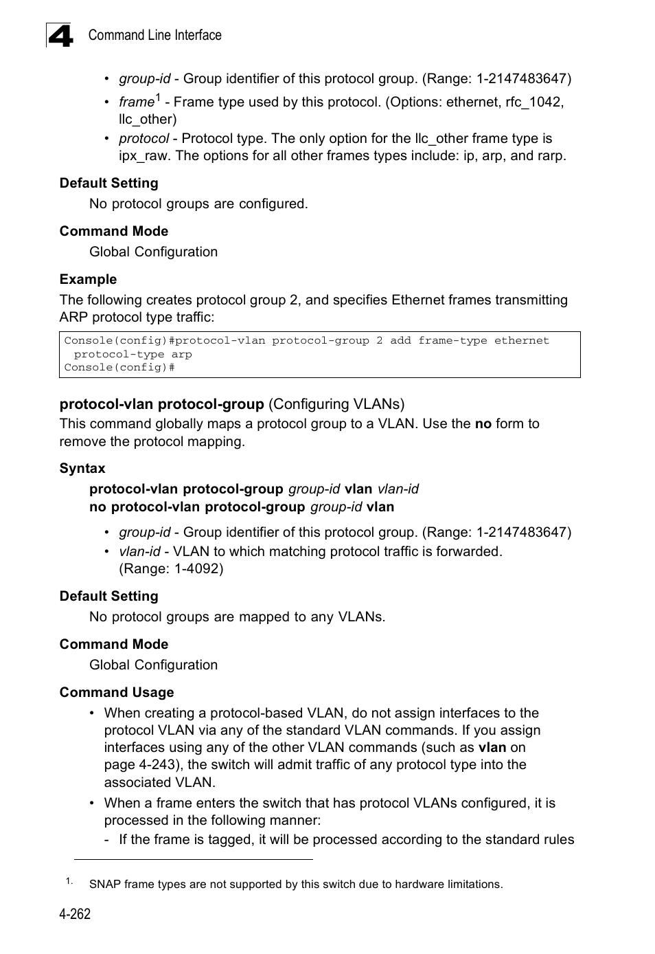 Protocol-vlan protocol-group (configuring vlans) | Accton Technology Edge-corE Fast Ethernet Switch ES3528M-SFP User Manual | Page 558 / 644